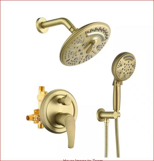 Photo 1 of Wall Mount Single-Handle 9-Spray Round Brass Shower Faucet with 8 in. Shower Head in Brushed Gold (Valve Included)
