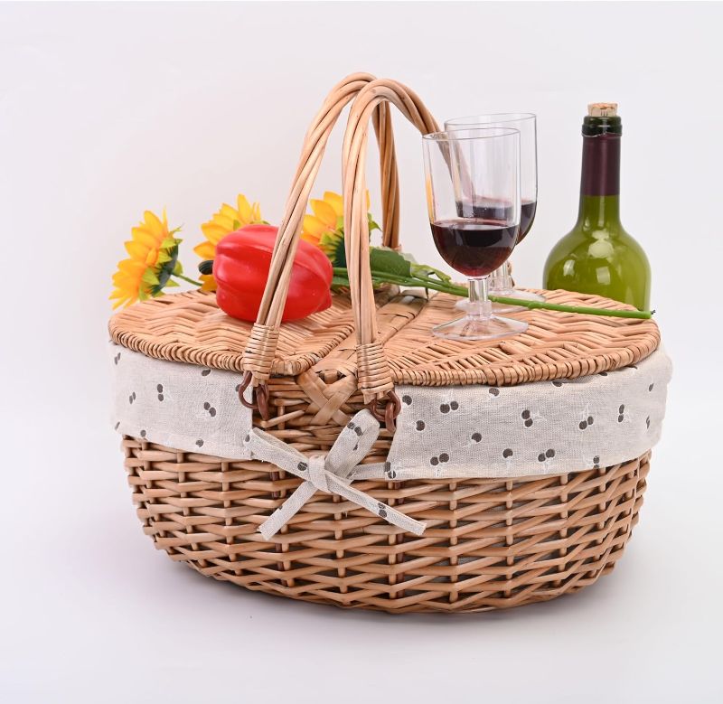 Photo 1 of Wicker Picnic Basket with Lid and Handle Sturdy Woven Body with Washable Lining,Cherry Pattern
