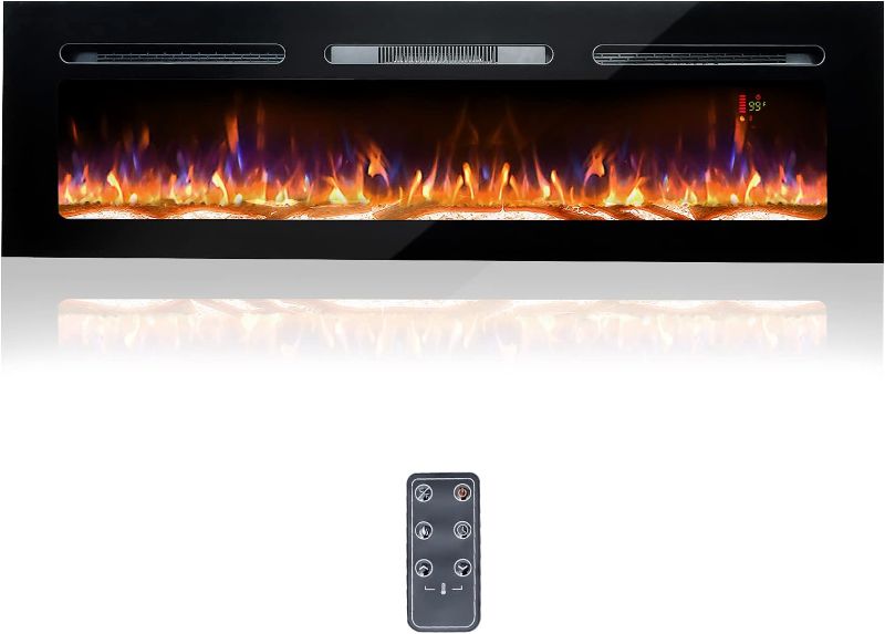 Photo 1 of 60 Electric Fireplace, Recessed & Wall Mounted Electrical Fireplace with Bracket, Ultra Thin, Low Noise, Remote Control, Timer, Logset & Crystal, Adjustable Flame Color, 1500W, Black

