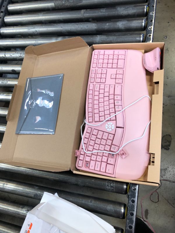 Photo 2 of MEETION Ergonomic Wireless Keyboard and Mouse, Ergo Keyboard with Vertical Mouse, Split Keyboard with Cushioned Wrist Palm Rest Natural Typing Rechargeable Full Size, Windows/Mac/Computer/Laptop, Pink Large Pink