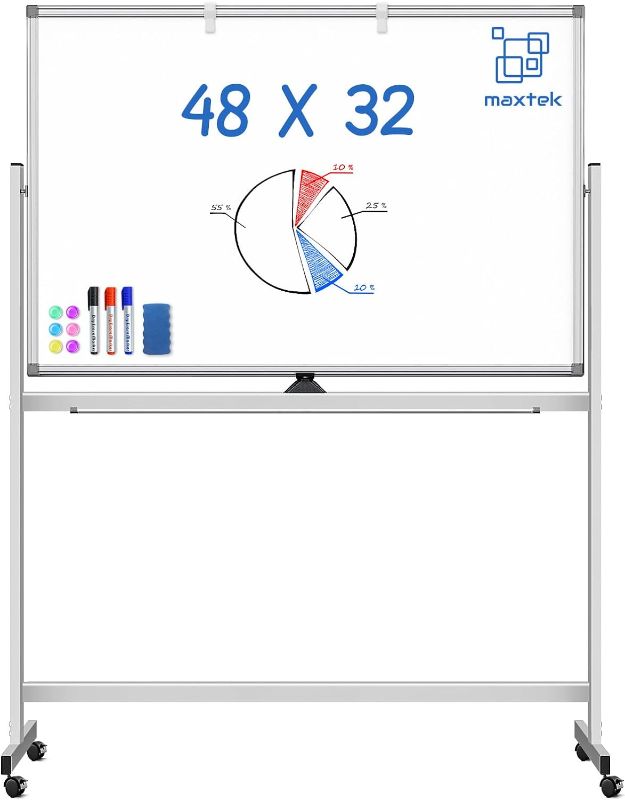 Photo 1 of Large Rolling White Board, 48 x 32 inches Double-Sided Mobile Whiteboard, maxtek Reversible Magnetic Dry Erase Board Easel Standing Whiteboard on Wheels for Home Office Classroom School, Silver
