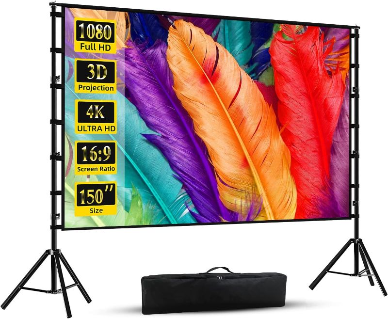 Photo 1 of Projector Screen with Stand, Wootfairy 150 inch Portable and Foldable Projection Screen 4K HD 16:9 Rear Front Wrinkle-Free Movie Screen with Carry Bag for Indoor Outdoor Home Theater Backyard Cinema
