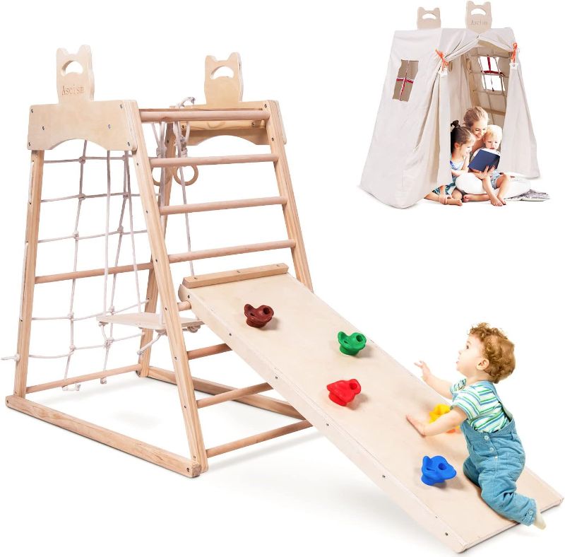 Photo 1 of Ascism Jungle Gym Indoor (8 in 1) Wooden Indoor Playground, Toddler Wooden Climbing Toys, Montessori Playset, Gym with Slide, Climbing Net, Swing, Tent, Gymnastics Ring…
