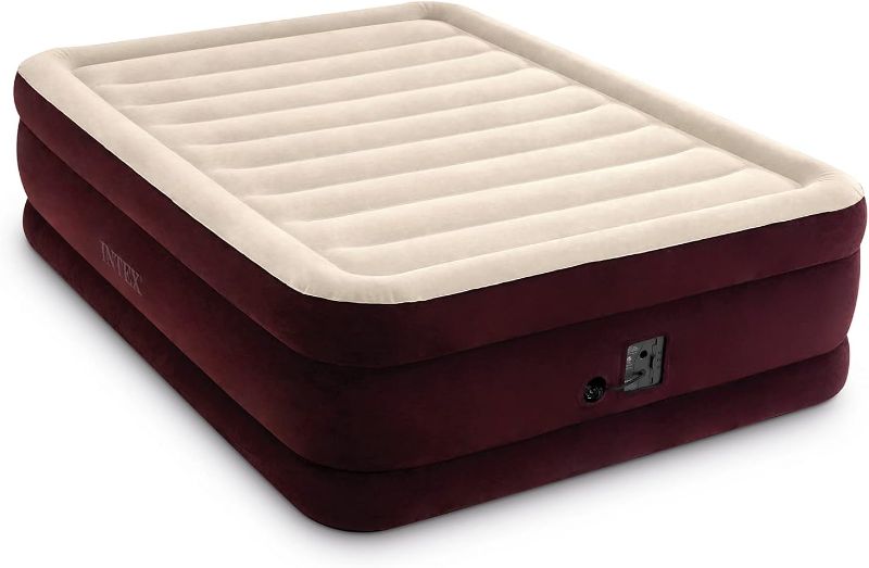 Photo 1 of INTEX Dura-Beam Deluxe Extra Raised Air Mattress: Fiber-Tech – Queen Size – Built-in Electric Pump – 20in Bed Height – 600lb Weight Capacity – Maroon