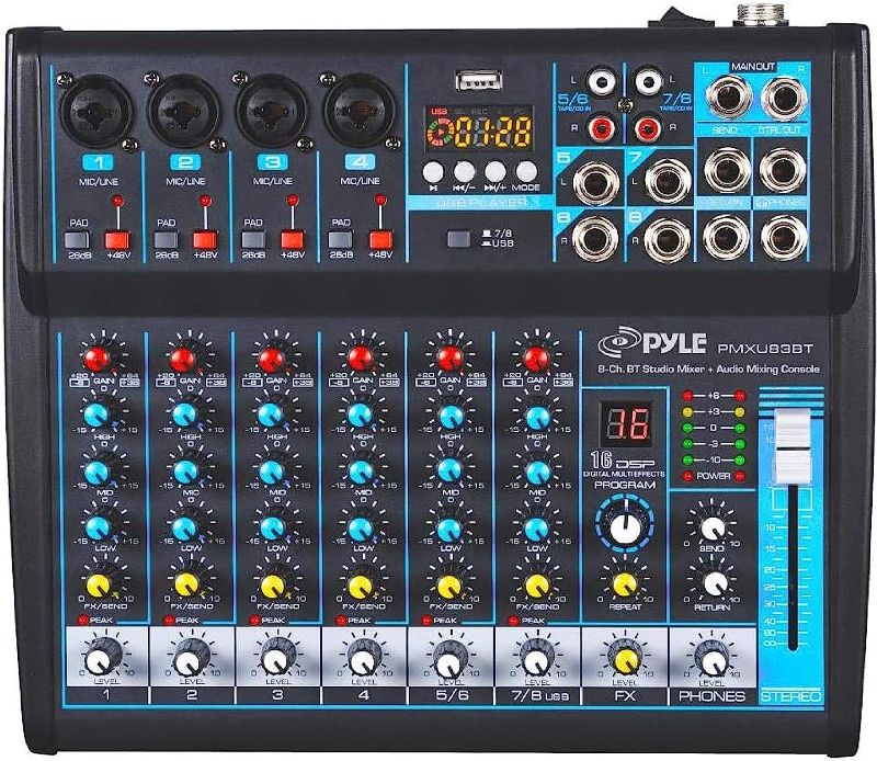 Photo 1 of Pyle Professional Audio Mixer Sound Board Console Desk System Interface 8 Channel Digital USB Bluetooth MP3 Computer Input 48V Phantom Power Stereo DJ Studio FX 16Bit DSP Processor PMXU83BT, Black
