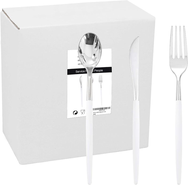 Photo 1 of WELLIFE 144 Pack Silver Plastic Cutlery, Disposable Silver Flatware Includes? 48 Forks, 48 Knives and 48 Spoons, Suitable for Parties and Wedding for Mothers Day
