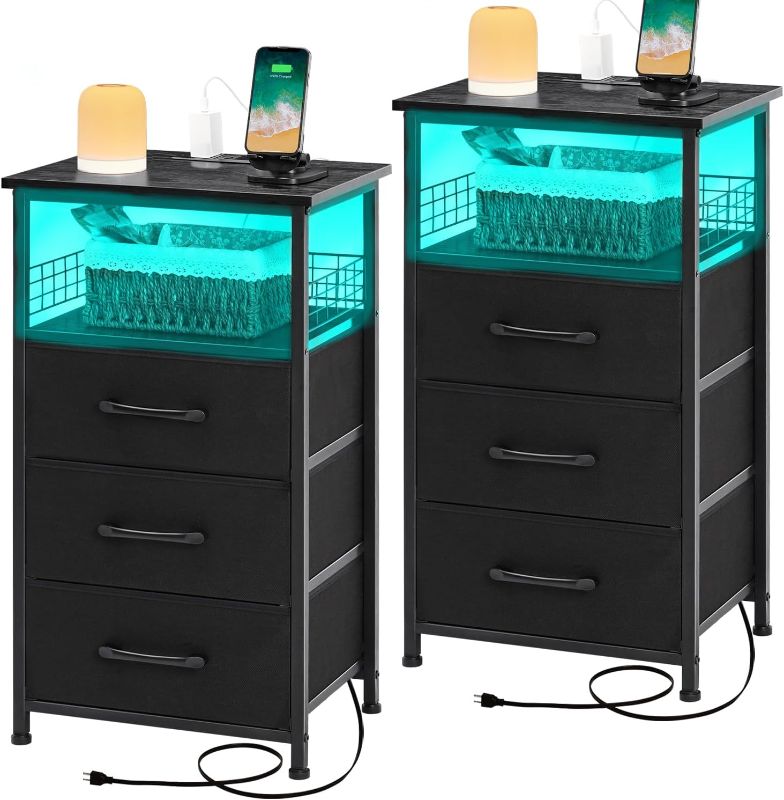 Photo 1 of LAKEMID Tall Nightstand with Charging Station, Nightstands Set of 2 with 20 Colors LED Light Strip 3 Drawers, Side Tables Bedroom End Table with USB Ports and Outlets for Living Room, Office (Black)
