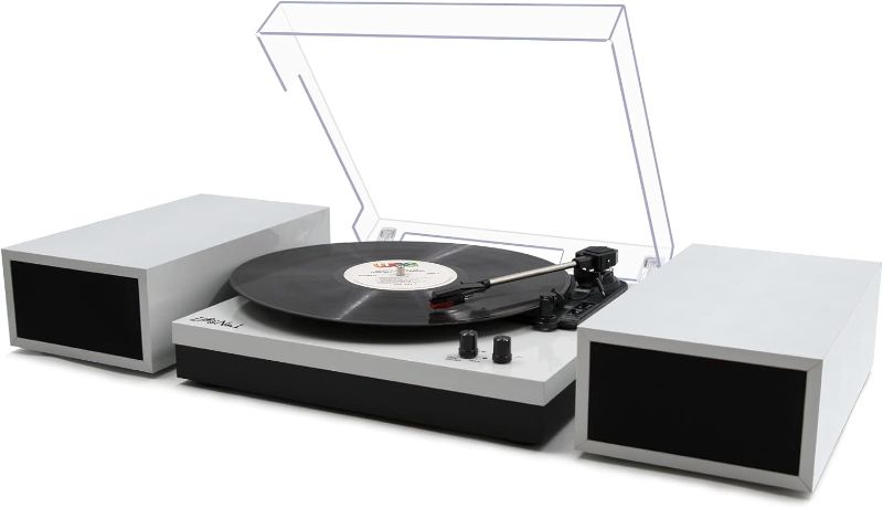 Photo 1 of LP&No.1 Record Player with External Speakers, 3 Speed Vintage Belt-Drive Vinyl Turntable with Auto-Stop (White Pearl)
