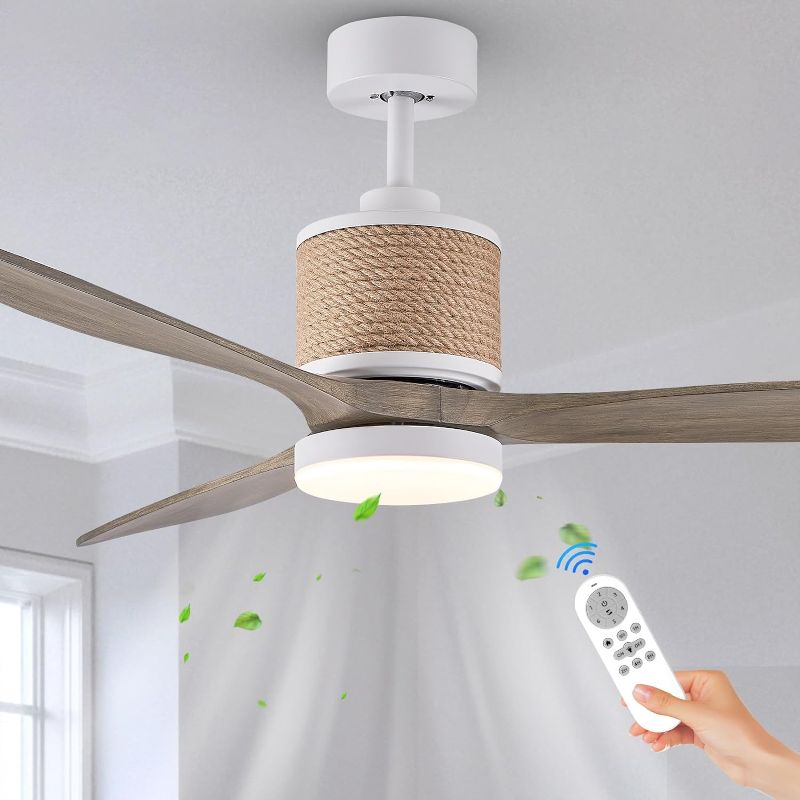 Photo 1 of FookChak 60in Boho White Ceiling Fan Light with Remote 3 Blade Hemp Rope Ceiling Fan with Light Coastal Weathered Wood Ceiling Fan for Patio Living Room Bedroom Kitchen Outdoor
