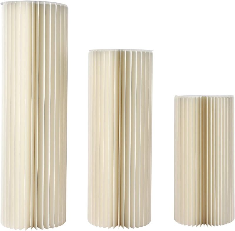 Photo 1 of 3PCS Foldable Cardboard Centerpiece Display Cylinder Flowers Stand Wedding Centerpieces Columns Display White Pedestal Stand for Birthday Party Garden Decoration