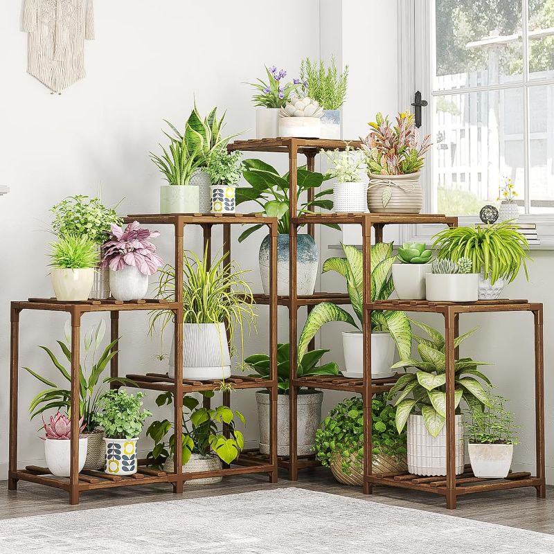 Photo 1 of Bamworld Plant Stand Indoor Outdoor Corner Shelf 11 Potted Large Holder for Multiple Plants Wooden Tall Stands Combo Table Rack Garden Patio Lawn Window

