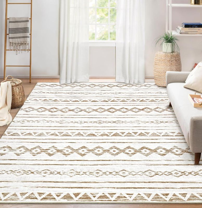 Photo 1 of Area Rug Living Room Carpet: 8x10 Large Moroccan Soft Fluffy Geometric Washable Bedroom Rugs Dining Room Home Office Nursery Low Pile Decor Under Kitchen Table Light Brown
