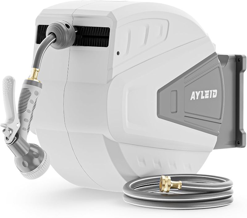 Photo 1 of Ayleid Retractable Garden Hose Reel,5/8 in x 100 FT Wall Mounted Hose Reel, with 9- Function Sprayer Nozzle, Any Length Lock/Slow Return System/Wall Mounted/180°Swivel Bracket (Grey)
