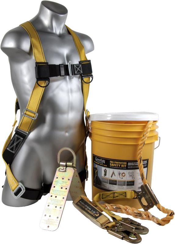 Photo 1 of Guardian 00815 BOS-T50 Bucket of Safe-Tie - 5 Gallon Bucket, 50 ft. Vertical Lifeline Assembly, 5 Temper Reusable Anchor, Safety Harness Kit & Werner AC78 Quickclick Stabilizer Bucket