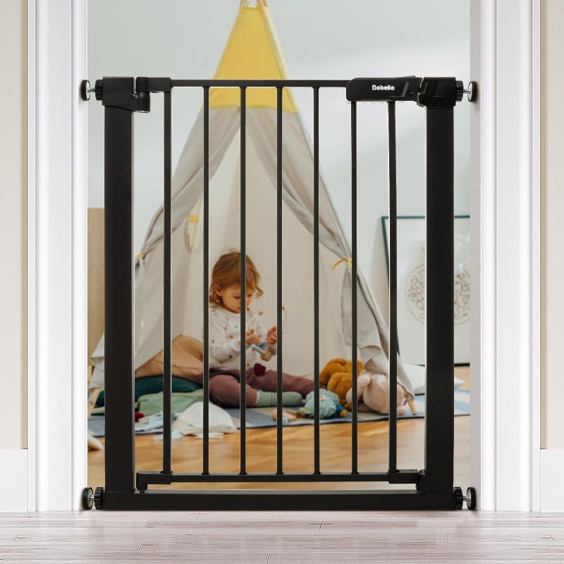 Photo 1 of BABELIO 27-30 Inch Narrow Easy Install Baby Gate, Fit for Small Stairs & Doorways, Auto-Close Design,Pressure Mounted Gate with Door for Child and Pets, NO Extensions,Black
