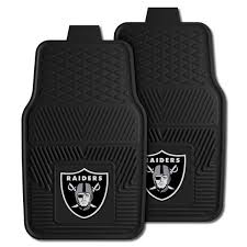 Photo 1 of FANMATS 8774 Las Vegas Raiders 2-Piece Heavy Duty Vinyl Car Mat Set, Front Row Floor Mats & 15034 Las Vegas Raiders Embroidered Steering Wheel Cover VEHICLE + STEERING_WHEEL_COVER,15034