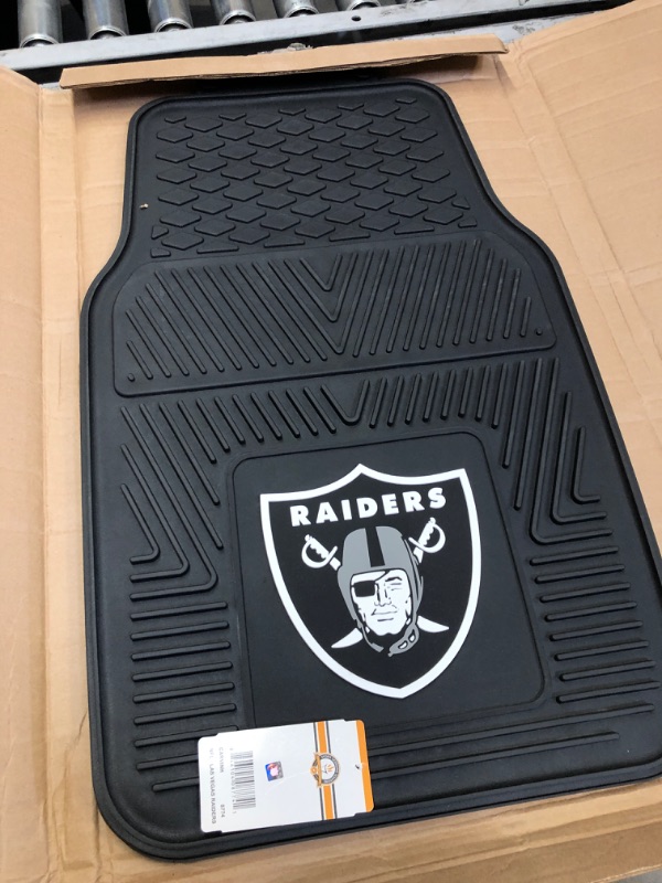 Photo 2 of FANMATS 8774 Las Vegas Raiders 2-Piece Heavy Duty Vinyl Car Mat Set, Front Row Floor Mats & 15034 Las Vegas Raiders Embroidered Steering Wheel Cover VEHICLE + STEERING_WHEEL_COVER,15034