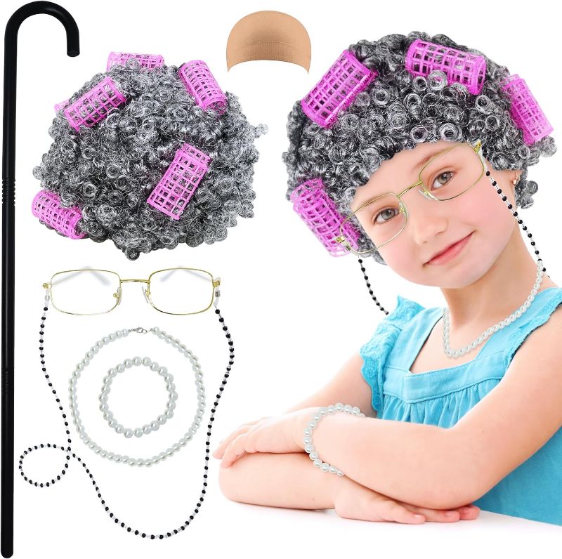 Photo 1 of 4E's Novelty Old Lady Costume for Kids - for 100 Day of School Grandma Costume for Girls, Accessory for Toddlers 3-10