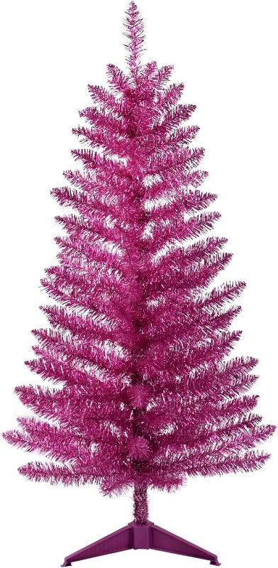 Photo 1 of 4ft Lighted Artificial Pink Christmas Tree, Not Pre-lit Gold Tinsel Pine Trees with Lights, Ideal for Ideal for Home, Office, and Xmas Party Décor - Includes Stand