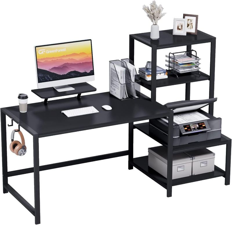 Photo 1 of GreenForest Computer Desk 58 inch with Storage Printer Shelf Reversible Gaming Home Office Desk with Movable Monitor Stand and 2 Headphone Hooks for Study Writing PC Working, Black