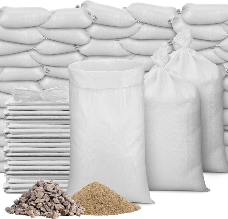 Photo 1 of 200 Pcs White Empty Sandbags with Ties 18 x 30 Inch White Woven Polypropylene Sandbags Bulk, Heavy Duty Sandbags Flood Water Barrier for Hurricane Flooding, Construction
