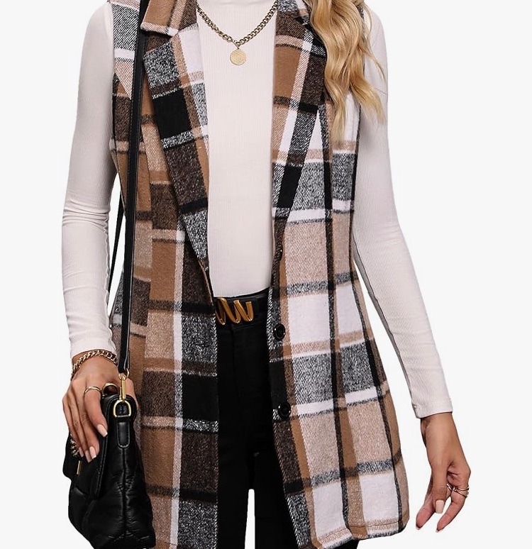 Photo 1 of GORGLITTER Women's Plaid Print Button Down Vest Blazer Lapel Neck Sleeveless Coat