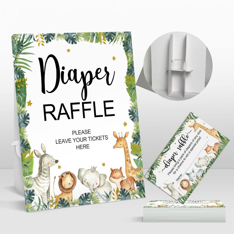 Photo 1 of 50 Safari Jungle Baby Shower Games, Safari Diaper Raffle Cards with Sign, Diaper Raffle Tickets for Baby Shower, Safari Jungle Baby Shower Decorations Set Kit