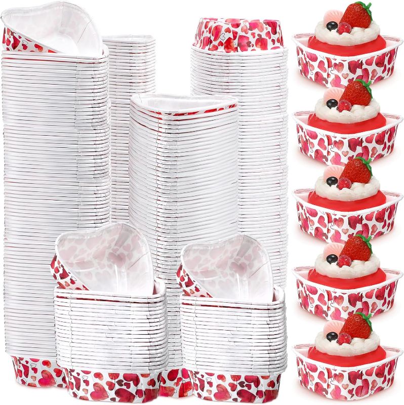 Photo 1 of 200 Pieces Valentine's Day Heart Shaped Cake Pans PET Mini Cake Pans Pudding Bowl Cake Bowl Ramekins Bowls Heart Sauce Dish for Valentine's Mother's Father's Day Microwave Oven Safe
