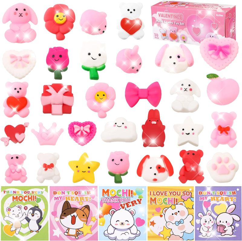 Photo 1 of 30 Pack Valentine's Day Gift for Kids Mochi Squishy with Valentine's Cards Valentine's School Classroom Party Favor Cute Mini Squishies Exchange Gifts for Boys Girls
