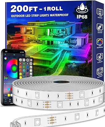 Photo 1 of 200ft Outdoor LED Strip Lights Waterproof 1 Roll,IP68 Outside Led Light Strips Waterproof with App and Remote,Music Sync RGB Exterior Led Rope Lights with Self Adhesive Back for Deck,Balcony,Pool
