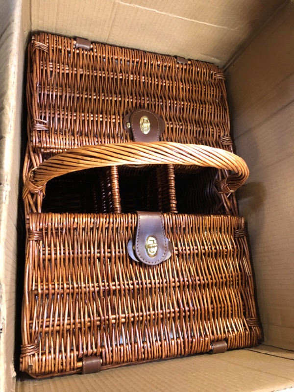 Photo 1 of 4 Person Wicker Picnic Basket Set with Utensils, Glasses, and Insulated Cooler Bag, Outdoor Tableware for Family Gatherings