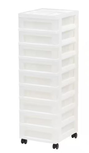 Photo 1 of 14.25 in. L x 12.05 in. W x 37.75 in. H 9-Drawer Storage Cart with Organizer Top in White and Pearl
