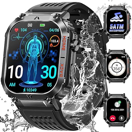 Photo 1 of Military Smart Watch for Men 5ATM Waterproof Dive Watch 2.02'' HD Big Screen Fitness Tracker with Compass Rugged Tactical Smartwatch with Heart Rate Sleep Monitor Weather Pedometer for iPhone Android

