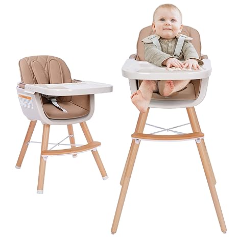 Photo 1 of 3-in-1 Convertible Wooden High Chair,Baby High Chair with Adjustable Legs & Dishwasher Safe Tray, Made of Sleek Hardwood & Premium Leatherette, Brown Color
