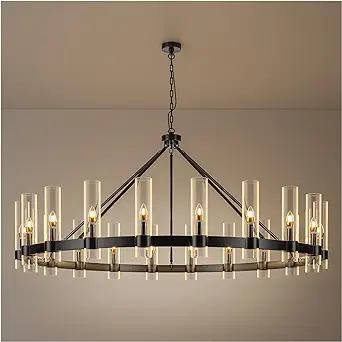 Photo 1 of AEULYTIR 20-Lights Black Wagon Wheel Chandelier Modern Farmhouse with Glass Shade, 60 Inch Large Round Industrial High Ceilings Pendant Lighting Fixture for Dining Living Room, Kitchen Island, Foyer