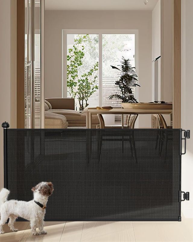 Photo 1 of Cumbor Retractable Baby Gates for Stairs, Extends up to 55" Wide Mesh Dog Gate for The House, 34" Tall Safety Child Gates for Doorways Hallways,Pet Gate Indoor & Outdoor,2 Set of Accessories, Black