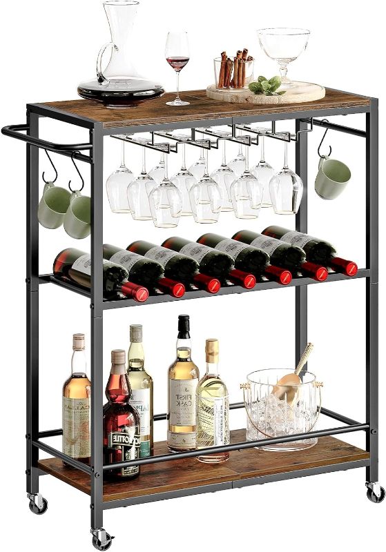 Photo 1 of 24.8"Bar Cart, Home Bar Serving Cart, 3-Tier Kitchen Cart with Wine Rack, Glass Holders, Beverage Cart on Wheels, Rolling Wine Cart, for Bar, Dining Room, Living Room, Rustic Brown RCHR1901