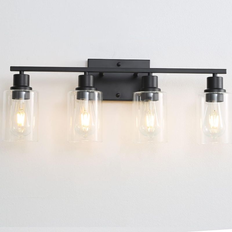 Photo 1 of Bathroom Vanity Light Fixtures, 4-Light Matte Black Bathroom Lights, Wall Sconces with Clear Glass Shade for Hallway Farmhouse Bedroom Living Room
