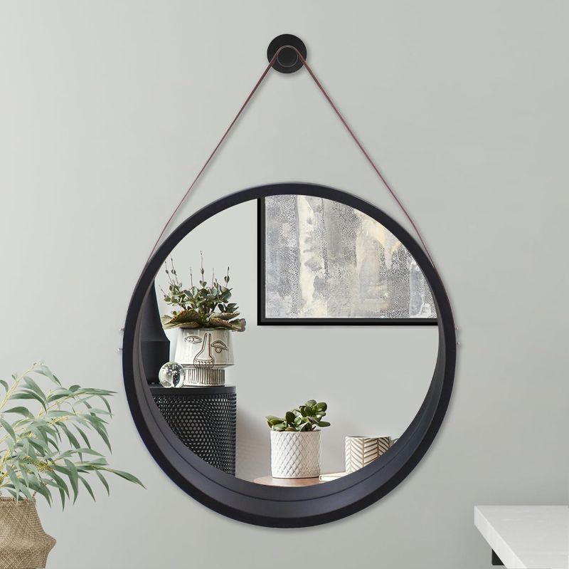 Photo 1 of Americanflat 24" Black Round Mirror with Strap - Hanging Mirror for Wall - Circle Mirror for Bathroom, Bedroom, Entryway, Living Room - Large Mirror for Wall Decor