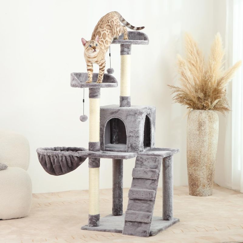 Photo 1 of 54in Cat Tree Cat Tower Condo Furniture Scratch Post with Natural Sisal Rope, Hammock & Cradle for Cats Kittens, Tall Cat Climbing Stand with Plush Perch & Toys (Light Grey)
