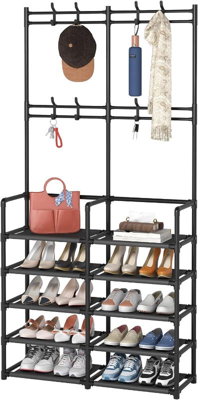 Photo 2 of 5-Tier Entryway Coat Rack, Coat and Shoe Rack, Entryway Bench Storage Organizer with 8 Hooks for Bedroom, Hallway, Office, Black
