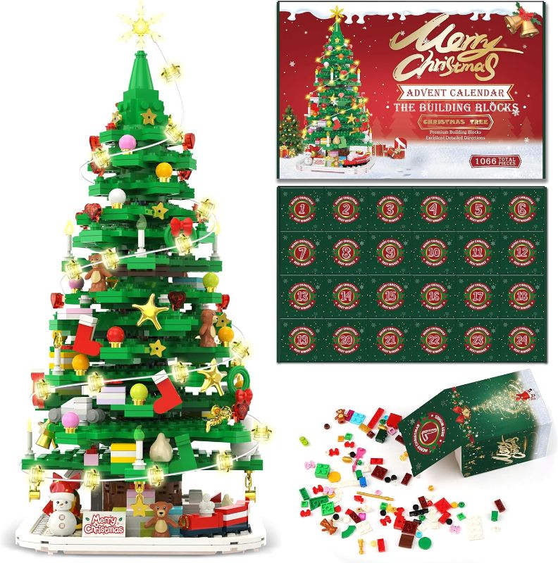 Photo 1 of Advent Calendar 2023 Christmas Tree Building Toy Set with LED light, 1066 Pieces Christmas Countdown Calendar, 24 Days Building Block for Kids Adult Creative Gifts for Adults Teens Girls Ages 8+
