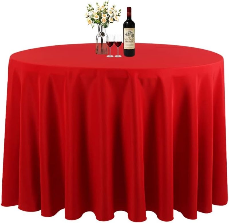 Photo 1 of  Red Round Tablecloths 132 Inch - Circle Bulk Linen Polyester Fabric Washable Table Cloth Cover for Wedding Reception Banquet Party Buffet Restaurant Red 132 In