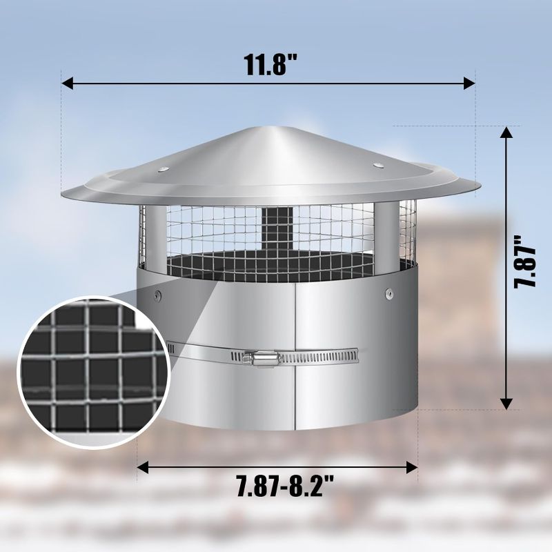 Photo 1 of 8 Inch Round Chimney Cap, 8 Inch Tapered Top Chimney Cap with Screen, 8 Inch Chimney Cap with Fastening Device with Screen, Stovepipe Finial, Stainless Steel