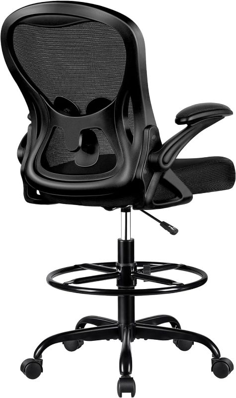 Photo 1 of Winrise Drafting Chair, Tall Office Chair Ergonomic Standing Desk Chair, Lumbar Support Computer Chair Swivel Task Rolling Chair with Adjustable Flip-up Armrests & Foot Ring (Black) Black WR935-Z