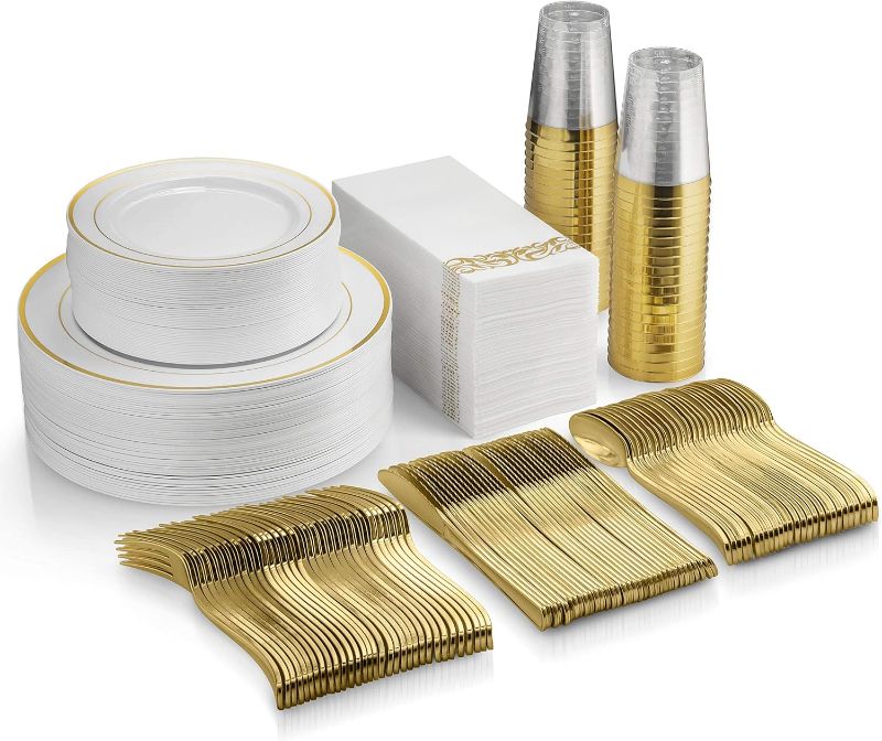 Photo 1 of 350 Piece Gold Dinnerware Set - 50 Guest Gold Rim Plastic Plates - 50 Gold Plastic Silverware - 50 Gold Rim Plastic Cups - 50 Linen Like Gold Paper Napkins, Disposable
