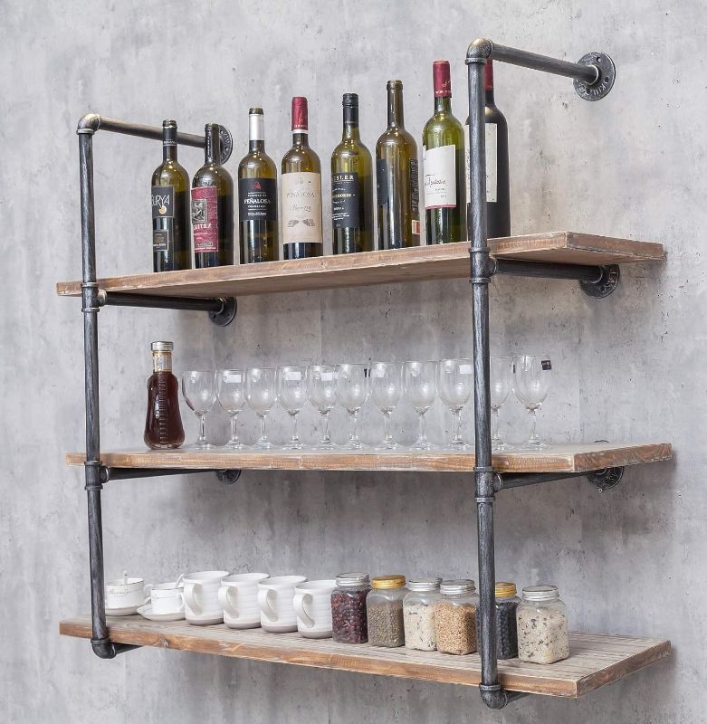 Photo 1 of 3 level Wall Mounted Iron Floating Pipe Shelves/Racks/Storage/Bookcases, DIY Open Bookshelves/Shelving for Kitchen/Office, Retro Black,(4-Tier Shelf Brackets,Not Include Planks)
