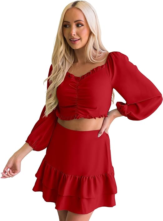 Photo 1 of luvamia 2023 Two Piece Outfits for Women Summer Tiered Skirt Sets 2 Pieces with Shorts Ruched Top Romper Matching Set XS
