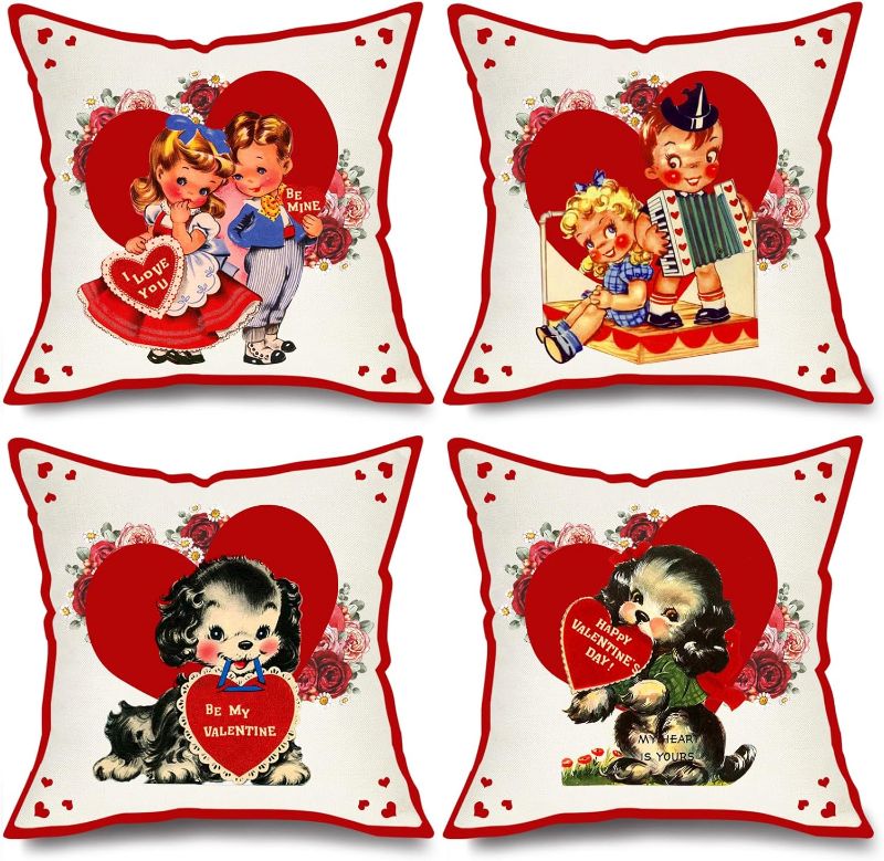 Photo 1 of 4PCS Valentines Day Pillow Covers 18x18 - Love Heart Valentine's Day Decoration Pillow Cover for Valentine's Day & Mother's Day Anniversary Decorative Home Sofa Bed Pillow Covers Valentines Day Decor
