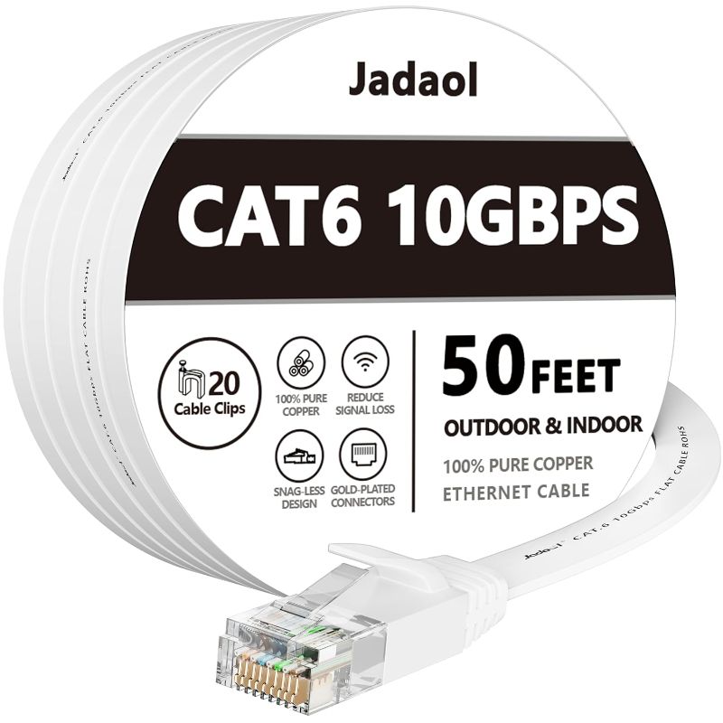 Photo 1 of Jadaol Cat 6 Ethernet Cable 50 ft, Outdoor&Indoor 10Gbps Support Cat8 Cat7 Network, Flat High Speed RJ45 Internet LAN Computer Solid Patch Cord with Clips for Router, Modem, PS4/5, Xbox, Gaming, White
